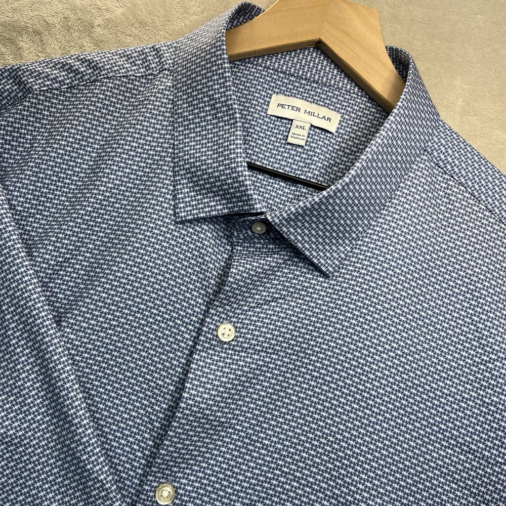 Peter Millar Shirt‎ Men's 2XL Short Sleeve Button Down Blue Geometric Pattern
